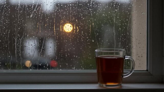 Rainy window scene with mug atmospheric indoor still life water droplets on glass surface
