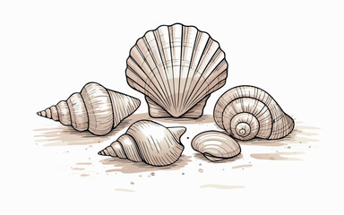 Detailed illustration of various seashells isolated on white background, showcasing their unique shapes, textures, and patterns in a vintage art style