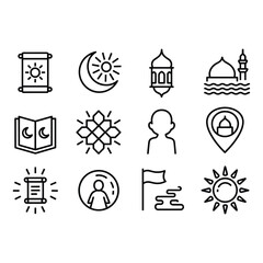Naklejka premium Islamic Icons Set with Mosque Sun Moon Scroll and Person Symbols Keywords: Islamic icons, mosque, sun, moon, scroll, person, map