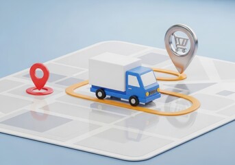 3d rendering of a blue delivery truck on a map with location pins, symbolizing logistics and delivery services