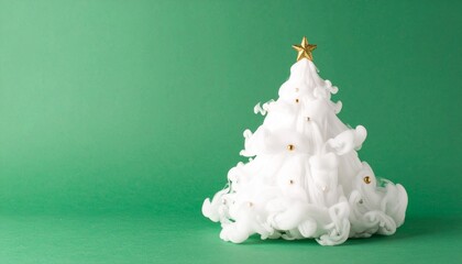 White Christmas tree on green background. Christmas background with Christmas tree. Christmas tree from smoke. Soft Christmas tree.