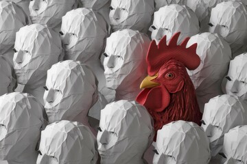 Crowd of faceless figures with a vibrant red rooster standing out in a stark display of contrast