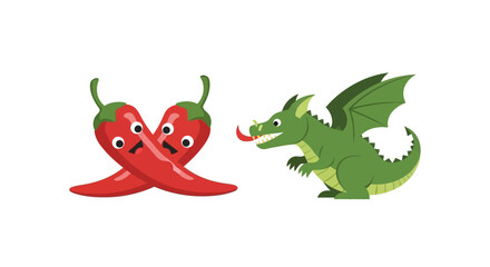 Animated dragon faces hot pepper duo a funny juxtaposition of mythical and spicy themes