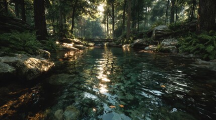 Sunlit Stream in Lush Green Forest