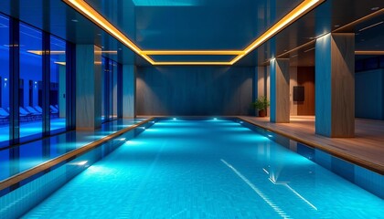 Indoor modern swimming pool, crystal-blue water, sleek design,  luxury,   relaxation