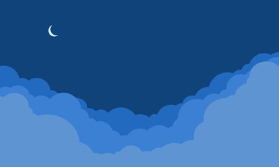 夜空のベクター背景/暗い空と雲と三日月/シンプルでフラットな空のイラスト