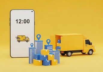 3d rendering of a yellow delivery truck and a smartphone displaying a delivery truck icon and the time 1200, with packages and location pins