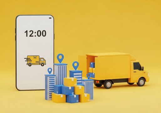 3d rendering of a yellow delivery truck and a smartphone displaying a delivery truck icon and the time 1200, with packages and location pins