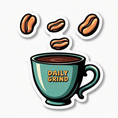 Coffee cup with floating beans, cartoon style, daily grind