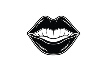 Obraz premium A detailed black and white illustration of glossy lips with teeth showing presented as a silhouette isolated on white background
