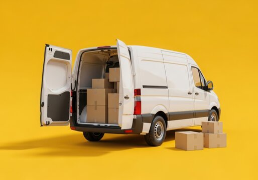 White delivery van with open rear doors and boxes inside, set against a vibrant yellow background