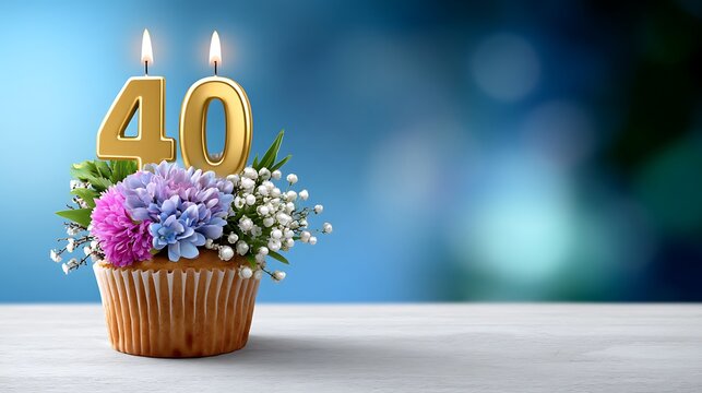 Elegant 40th Birthday Cupcake Decoration with Colorful Flowers and Candles
