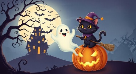 Cute Black Cat and Ghost on Pumpkin with Haunted House Background