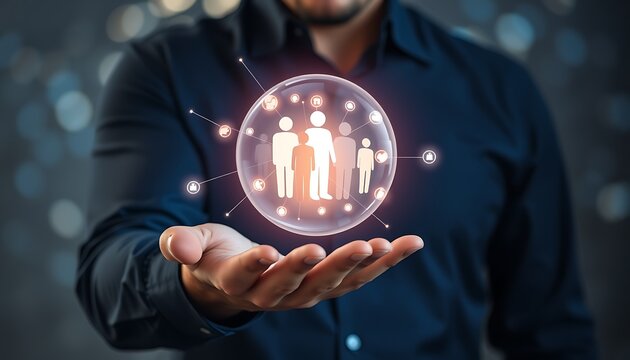 Man's Hands Holding Glowing Sphere with Connected People Icons network connection
