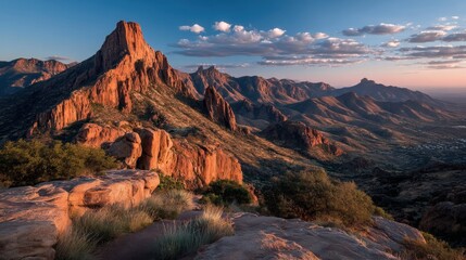 Sunset Over Red Rock Mountain Range in Desert
