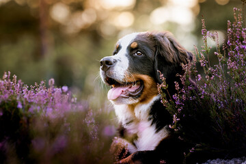 Little Bernese Mountain Dog puppy girl in the heather in the forest