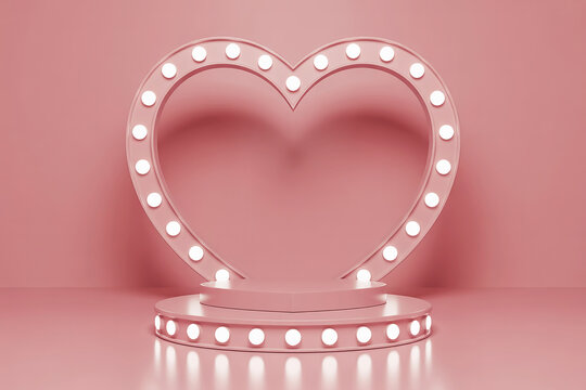 Illuminated heart stage with marquee lights and reflective base on pink background