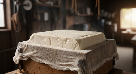 Fresh White Tofu Block Being Pressed in Traditional Rustic Kitchen Setting