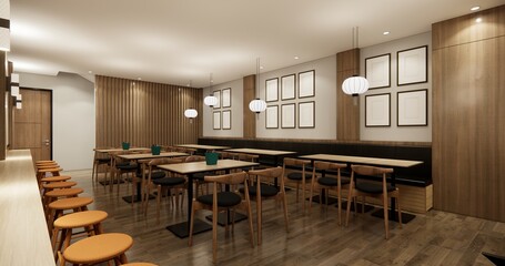 Restaurant interior with long wooden tables and neatly arranged chairs. The design combines modern style with a touch of classic luxury.