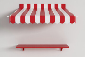 Red and white striped awning above a simple wooden bench