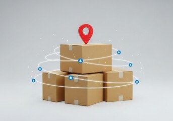 Stack of cardboard boxes with a red location pin on top, symbolizing delivery and logistics, isolated on white background