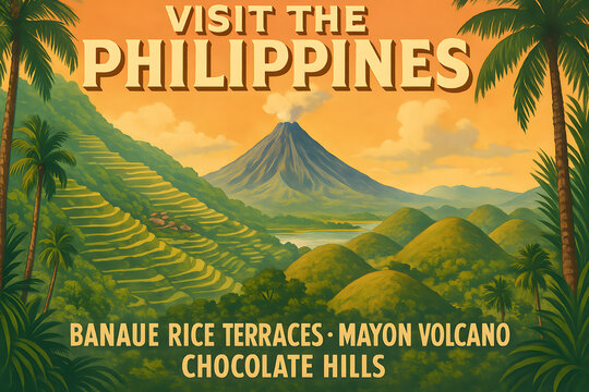 Scenic illustrated travel poster promoting the Philippines, featuring iconic natural landmarks like Banaue Rice Terraces, Mayon Volcano, and Chocolate Hills in a vibrant tropical landscape.

