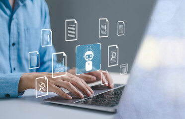 Businessman using laptop computer to command AI to create business reports and documents. AI technology, creative artificial intelligence, text analysis.