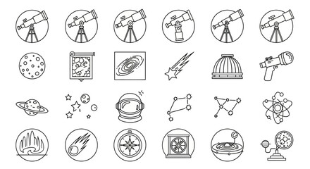 Line art icons depicting astronomy exploration, science and space observation tools vector