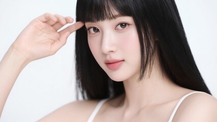 Fototapeta premium 前髪に手をあてる若い女性のビューティーショット