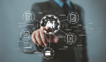 Businessman hand points to command AI to create business reports and documents. AI technology, creative artificial intelligence, text analysis.
