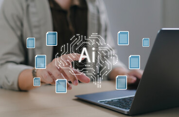 Businessman using laptop computer to command AI to create business reports and documents. AI technology, creative artificial intelligence, text analysis.