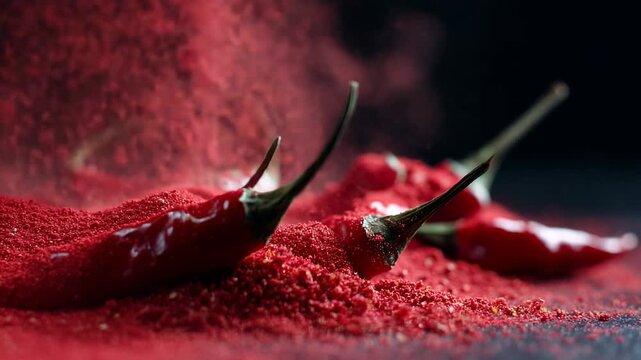 Red chili peppers spinning with their powder, recorded in slow motion
