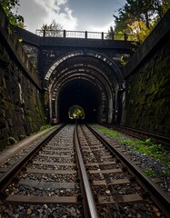 Obraz premium Dark tunnel entrance with railway tracks