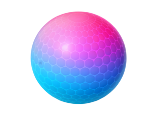 A spherical object with a hexagonal pattern illuminated by a gradient of pink and blue light against a black background
