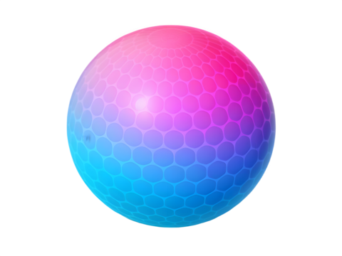 A spherical object with a hexagonal pattern illuminated by a gradient of pink and blue light against a black background