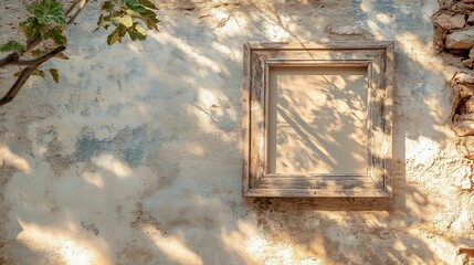 Empty picture frame on weathered wall, shadows, and warm sunlight