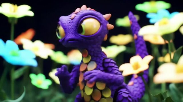 Create a fantastical creature using a playful palette of violet, with accents of yellow-orange and yellow-green.