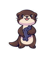 Funny otter holds fish. Cute baby weasel with food in hands. Adorable little animal with happy emotions on face. Amusing ferret, joyful polecat. Flat isolated vector illustration on white background