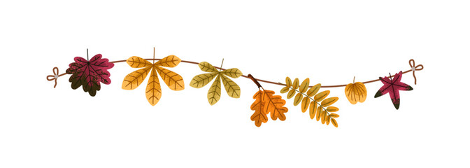 Fall leaves garland. Autumn decoration with dry foliage. Maple, oak, chestnut tree leaf attached to string rope. Festive seasonal ornament, decor. Flat vector illustration isolated on white background