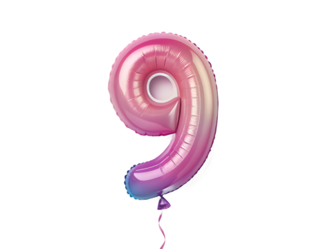 Shiny pink and purple number nine balloon floating against black background