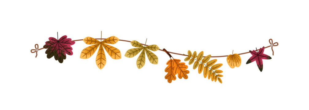 Fall leaves garland. Autumn decoration with dry foliage. Maple, oak, chestnut tree leaf attached to string rope. Festive seasonal ornament, decor. Flat vector illustration isolated on white background