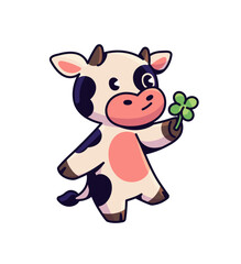 Cute cow with leaf of clover in hand. Funny little bull holds quatrefoil and smiles. Happy baby animal with sign of luck, symbol of fortune. Flat isolated vector illustration on white background