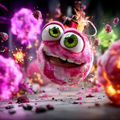 Exploding plush bomb with vibrant colors and playful expression
