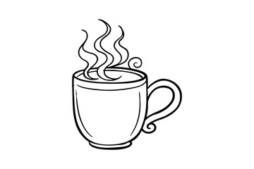 Hand drawn sketch of a steaming mug of hot beverage in silhouette style isolated on white background