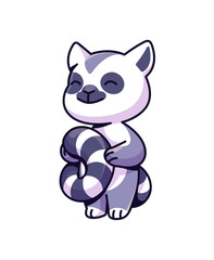 Cute little lemur with happy emotions on face. Funny monkey smiles. Adorable baby animal of jungle. Rainforest character holds its striped tail. Flat isolated vector illustration on white background