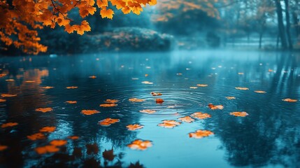 Fall pond scene with orange leaves and ripples on the water surface