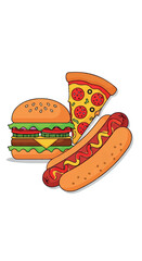 Delicious Fast Food Combo Burger Pizza and Hot Dog.
