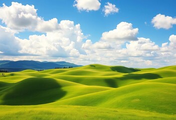 Obraz premium Rolling green hills under a bright blue sky, fluffy clouds Cartoon style, sky, graphic