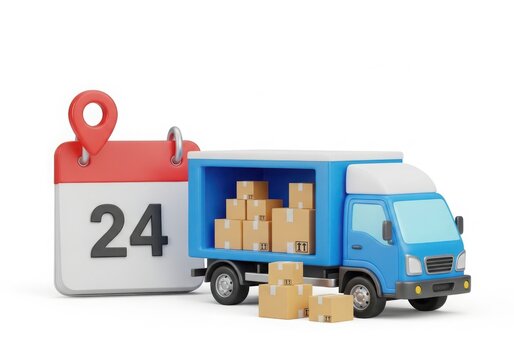 Blue delivery truck loaded with packages next to a calendar showing the 24th day, representing timely delivery and scheduling services - Powered by Adobe