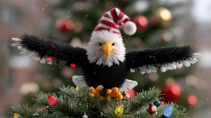 Festive bald eagle plush toy perched on a Christmas tree, wearing a Santa hat